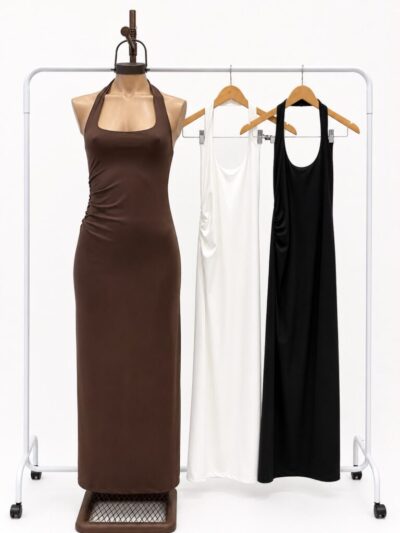 VESTIDO LARGO AL CUELLO FRUNCE COSTADO